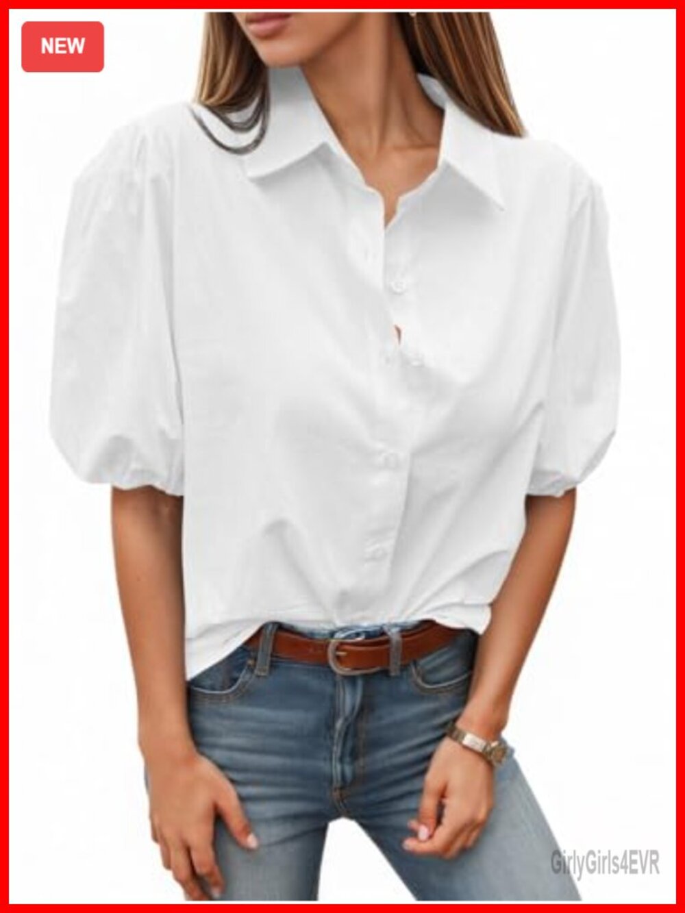 Tankaneo Womens Button Down Shirt Puff Sleeve Cotton Blouse Summer